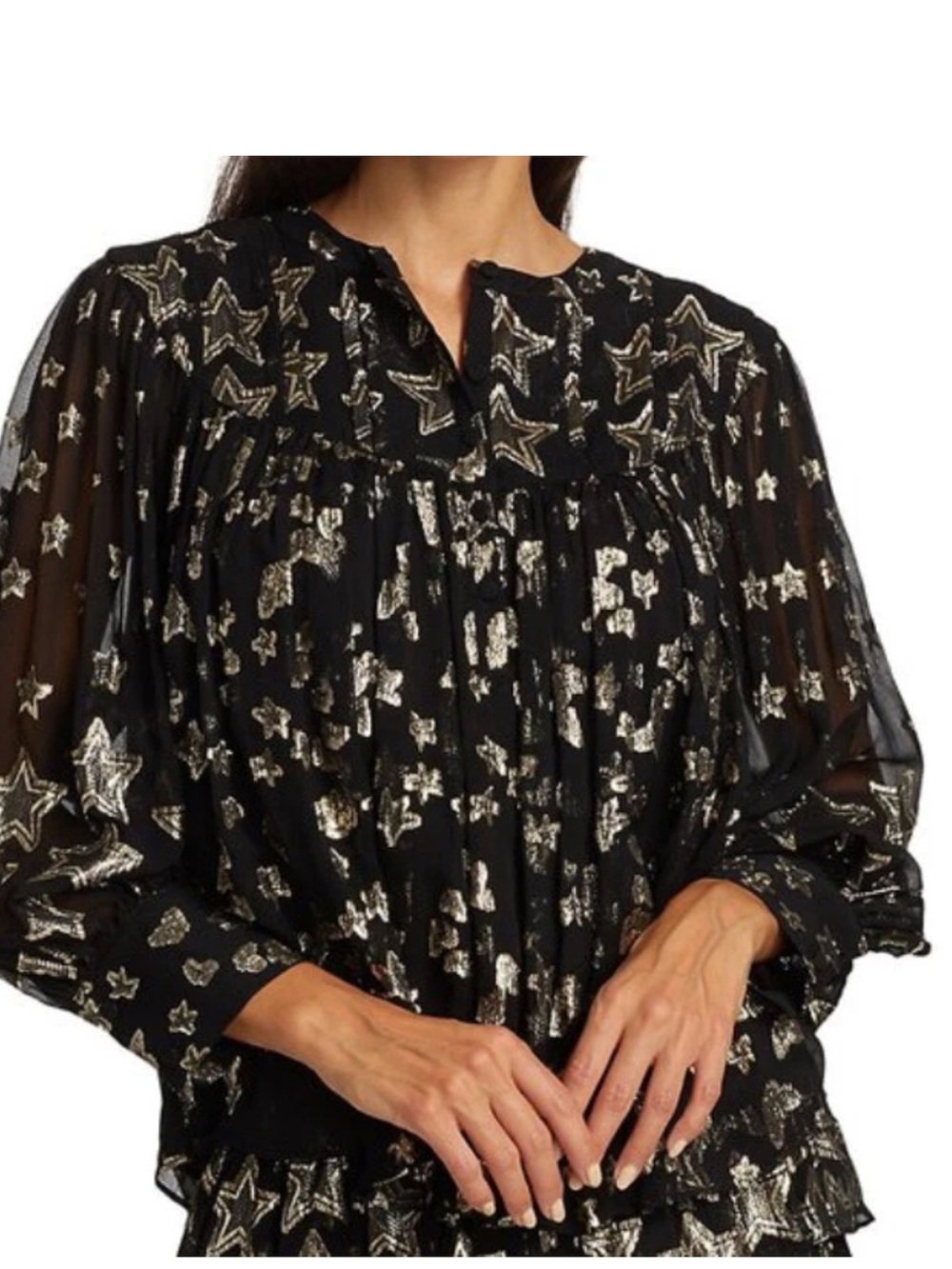 LOVESHACKFANCY Dionne Black & Gold Metallic Star Silk Blouse Size S